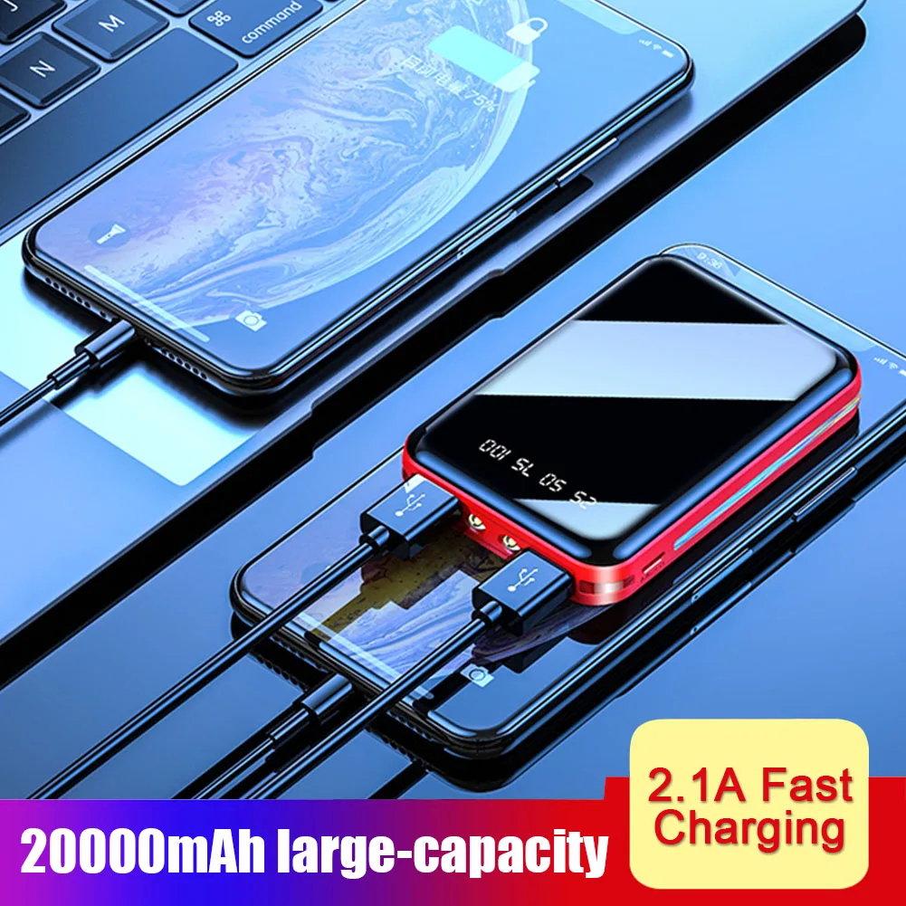 

20000mAh Portable Power Bank Mini Mobile Power Supply with LED Torch Digital Display Mirror Surface for Outdoor Travel Camping