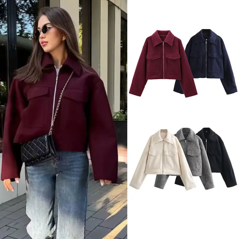 

Y2K Elegant Women Bomber Jacket Fall Spring Thick Long Sleeve Woolen Coat Pockets Zipper Loose Woolen Coat Oversize Crop Top