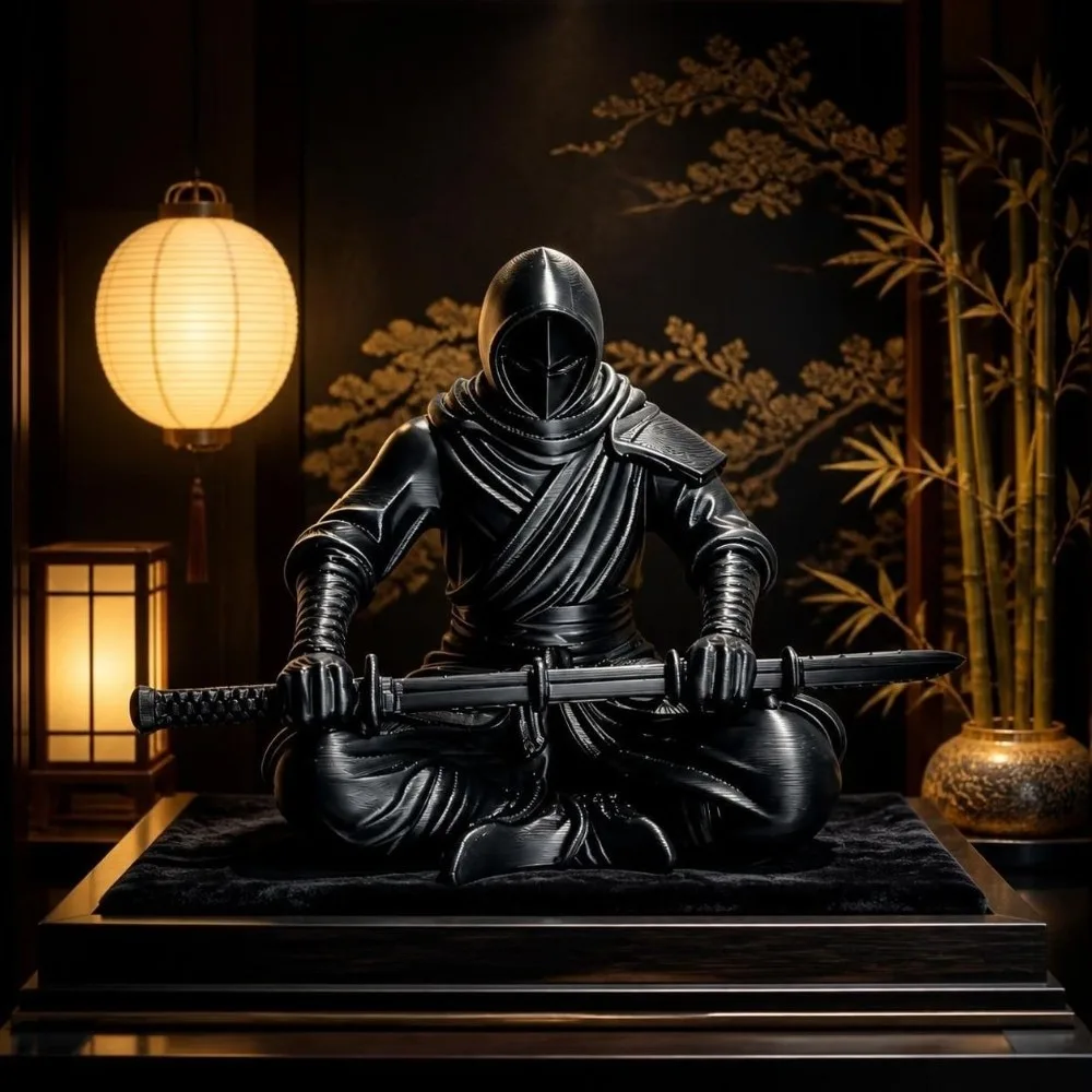 Creative Sitting Pose Ninja Ornaments Dark Style Home Decor Warrior Figurine 3D Printed Samurai Sculpture Office