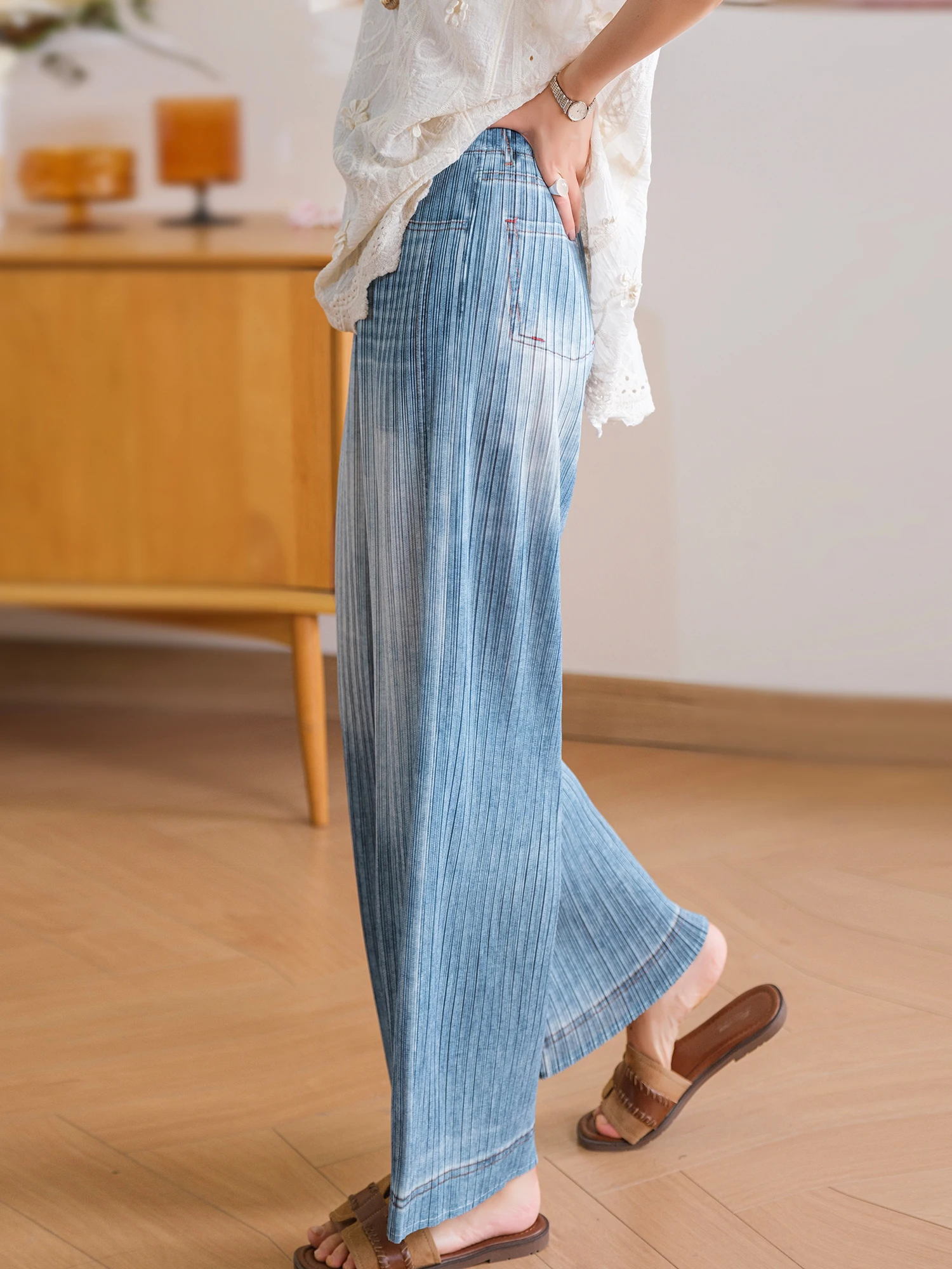 Washed Blue High Elasticity Wide Leg Pants with Elastic Waist And Fading by Xiaoaipin Casual Style Polyester Fiber Skirt