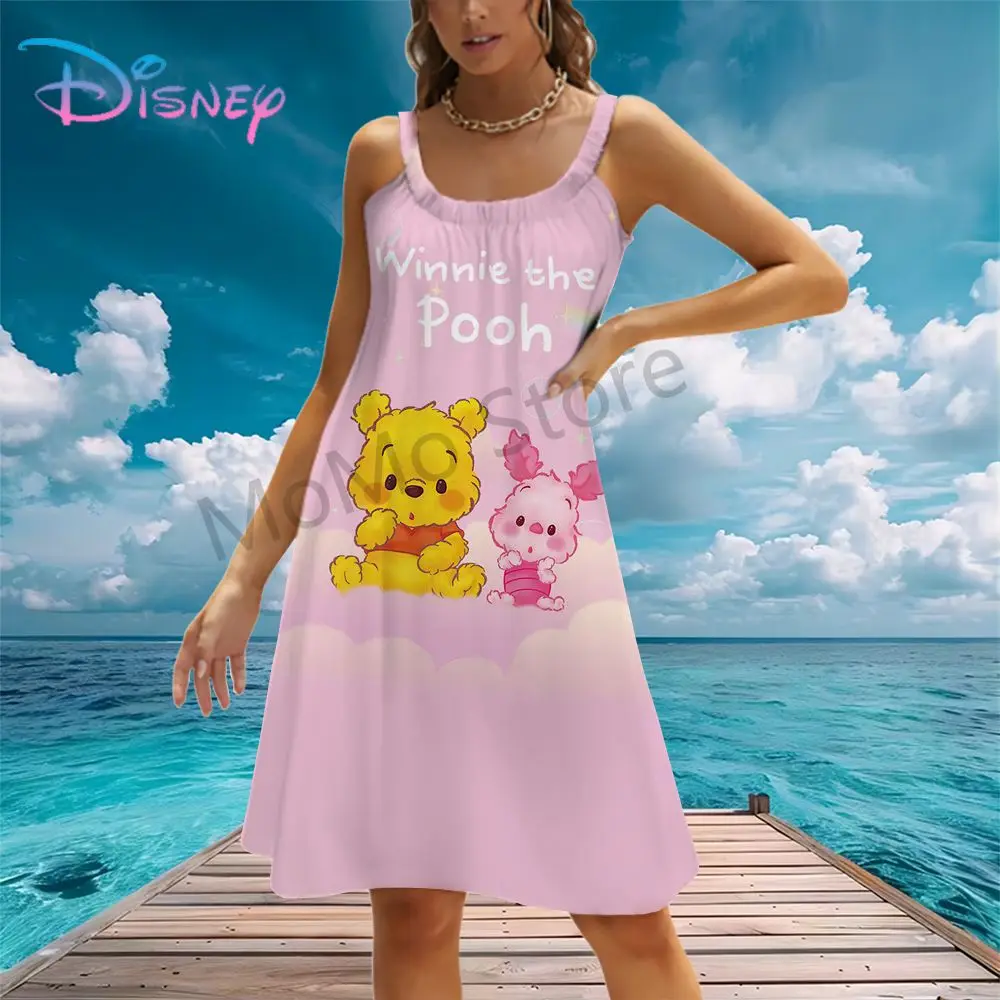 Kawaii Disney Winnie The Pooh Abiti da spiaggia da donna 2024 Y2k Boho S-3XL Abito senza maniche Per il tempo libero Estate Cuteore Sexy Sling 3D