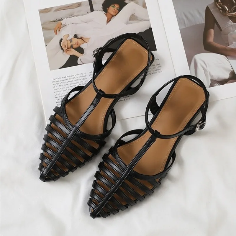 

Soft Leather Women Gladiator Sandals Pointed Toe T-strap Flat Ankle Buckle Breathable Cut-out Summer Walking Daily Beach Shoes