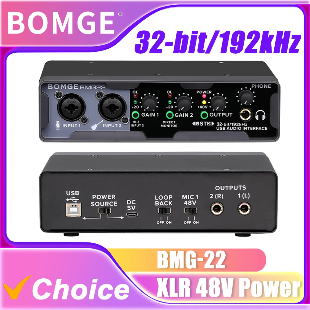bomge-bmg-22-usb-audio-interface-32-bit-192khz-xlr-48v-phantom-power-loopback-direct-monitoring-for-recording-streaming-podcasts