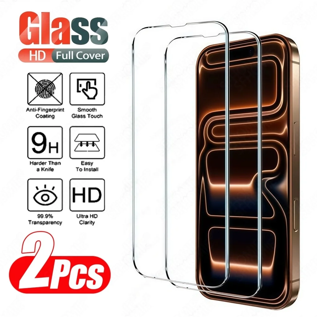 

2Pcs HD Tempered Glass Screen Protector For iPhone 11 12 13 14 15 16 17 Pro Max 14 15 16 Plus Air 16e 17e Glass Protection Film