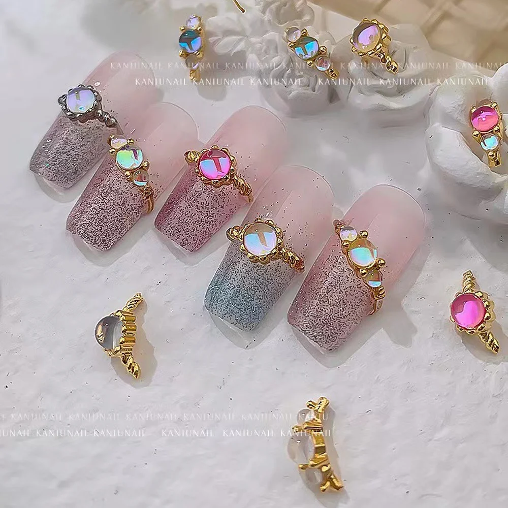 Diamantes de imitación de aleación de lujo para uñas, Gema de cristal en forma de anillo Aurora, 3D, accesorios de manicura coreana DIY, 10 piezas