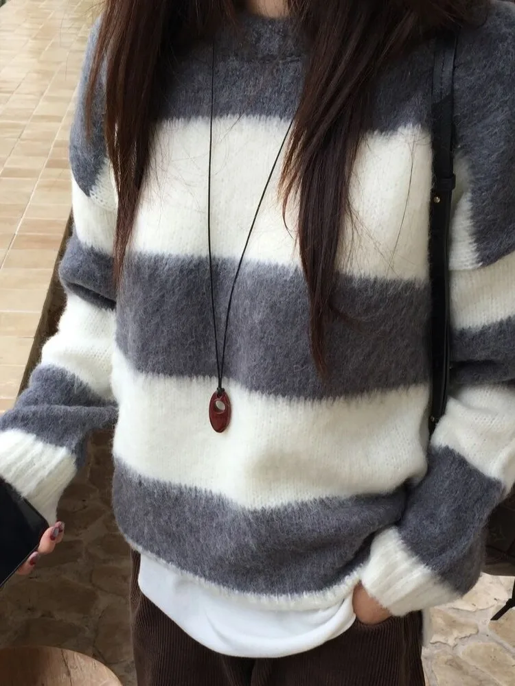 ゆったりフィット ロングスリーブ ラウンドネック ストライプカラー ブロックニット 韓国風 スリーブ レディースセーター 暖かい カジュアル スリーブ 秋冬