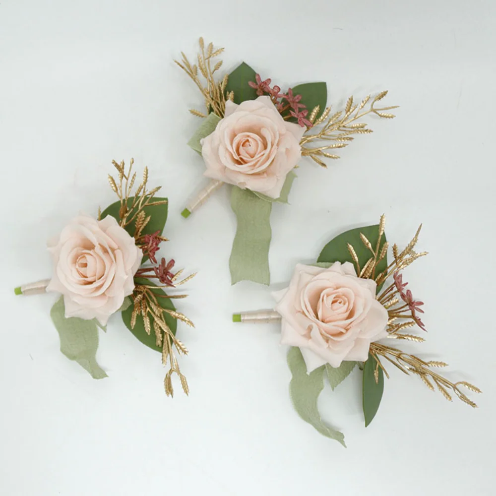 Mulheres Flores Casamento Boutonnieres para Convidado, Pin Rosa Claro, Rosa Seda, Corsage Pulso, Madrinha Groomsmen