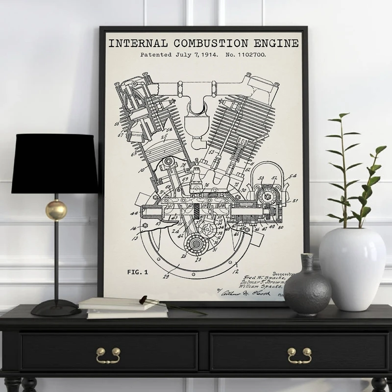 Spacke De Motor Blueprints Print Twin Poster Motorcycle Engine 1914 Patent Canvas Wall Decor Painting Garage Wall Decor