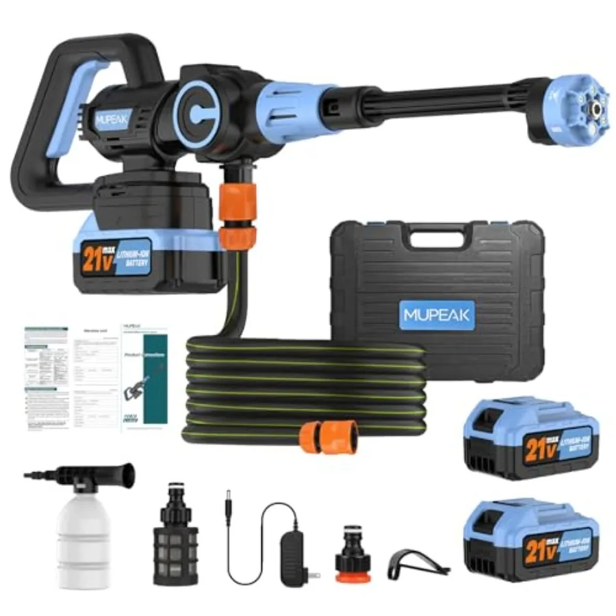 

Беспроводная мойка высокого давления 1100PSI – портативная бесщеточная мойка с 2 аккумуляторами, 3 режимами регулировки, насадкой 6-в-1, 21В 4.0Ач