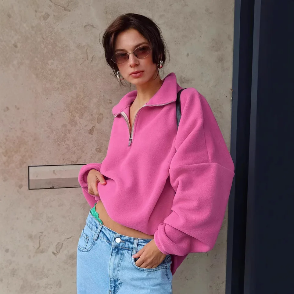 Jesienno-zimowy amerykański sweter polarowy w kolorze różowym, damski jesienno-zimowy gruby, luźny sweter z klapami, kurtka.