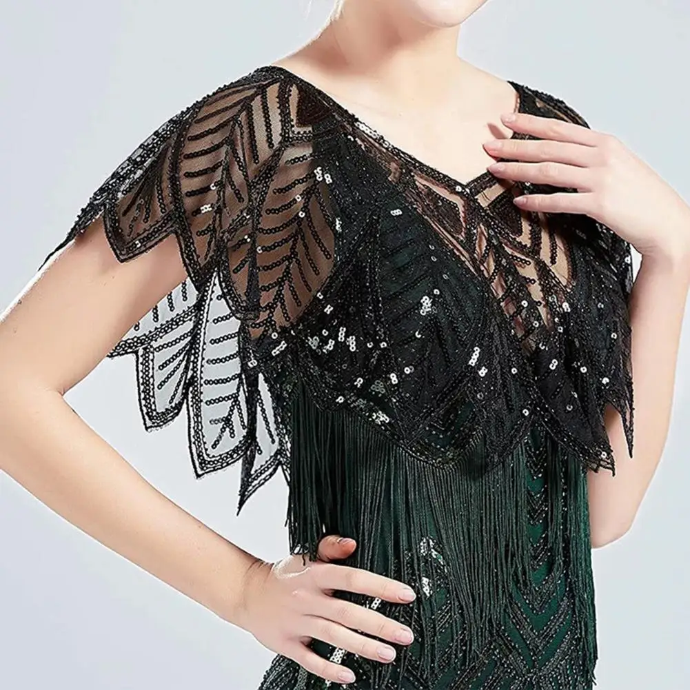 Women 1920s Evening Shawl Elegant Embroidered Beaded Capelet for Women Sparkling Sequin Party Shawl V Neck Gauze Summer Coat