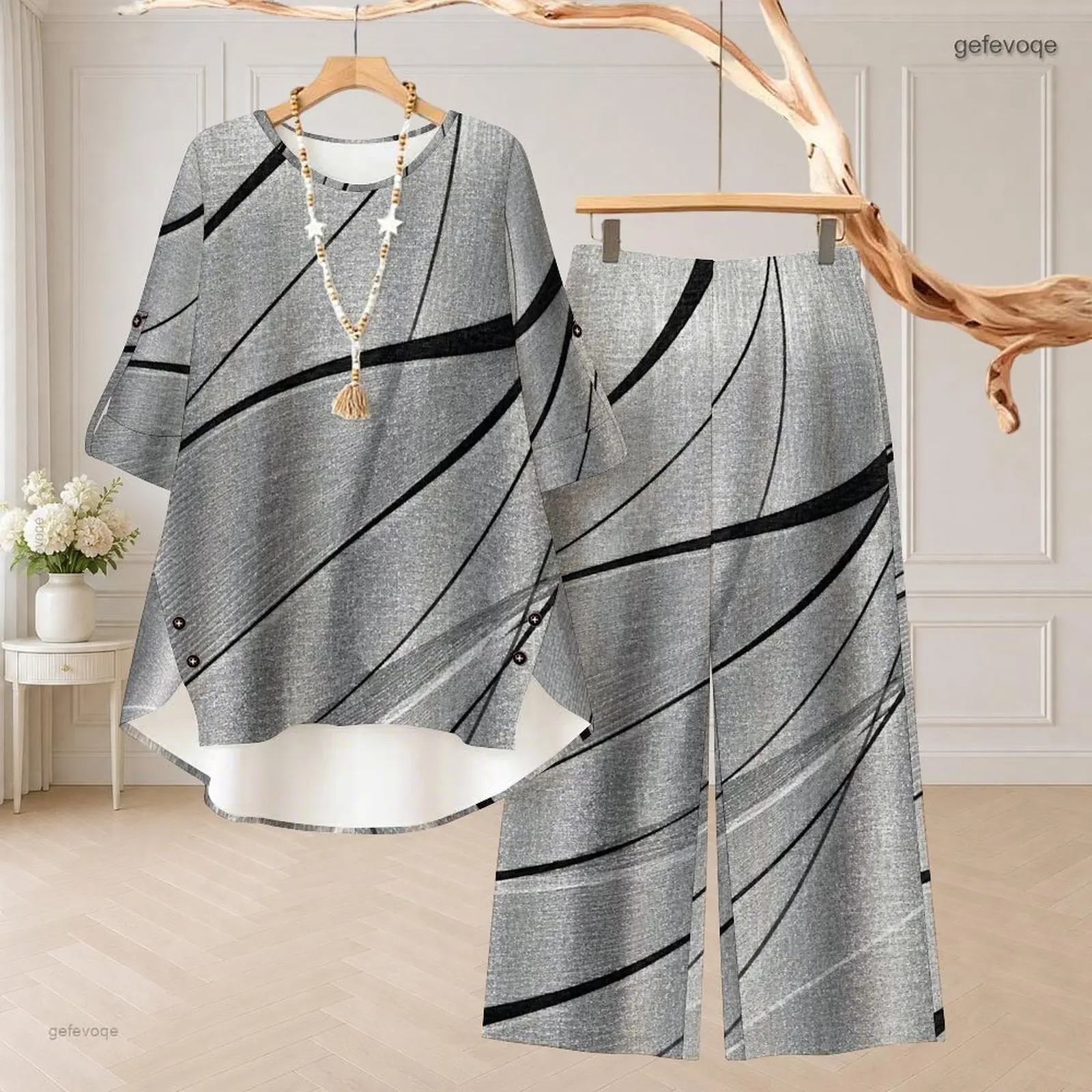 Women Gray Black Diagonal Line Printed Round Neck 3/4 Sleeve Top and Wide Leg Pants Two Piece Set