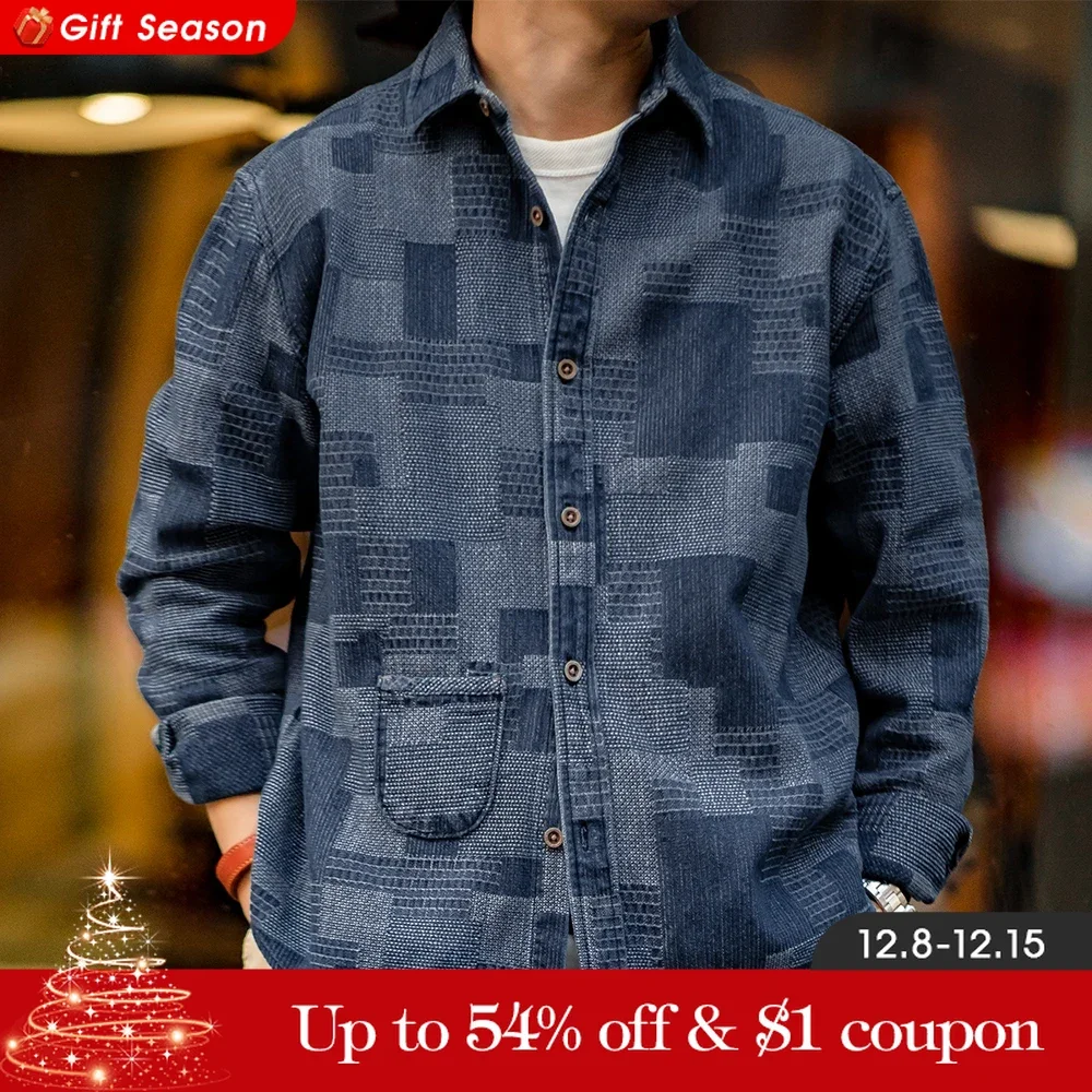 Maden Boro Style Vintage Blue Cloth Shirts for Men Plaid Patchwork Long Sleeve Shirts Regular Fit Top Daily Casual Wear