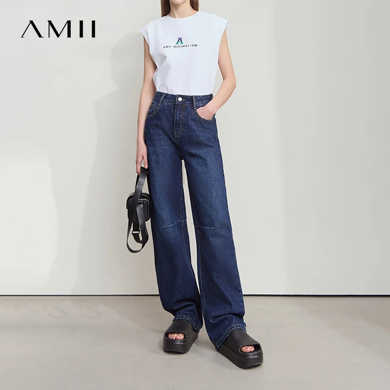 Amii Minimalist Cotton Women's Jeans 2025 Summer New Solid Casual Tapered Trousers Versatile Retro Denim Straight Pants 12542018