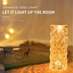 LED Rose Crystal USB Rechargeable Table Lamp Bedroom Touch Night Light Dimmable Romantic Diamond Atmosphere Lamp