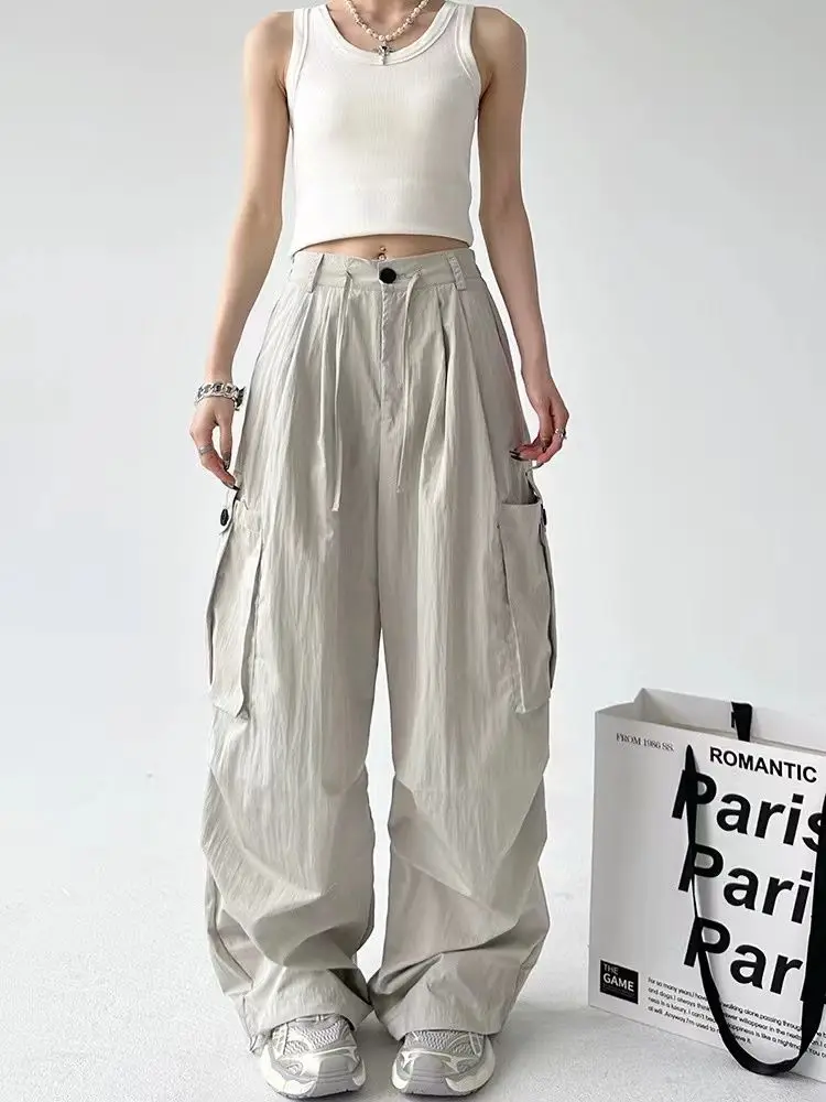 HOUZHOU Vintage Cargo Parachute Pants Women Y2k Oversized Streetwear Spodnie z szerokimi nogawkami Baggy Korean Harajuku Fashion Joggers