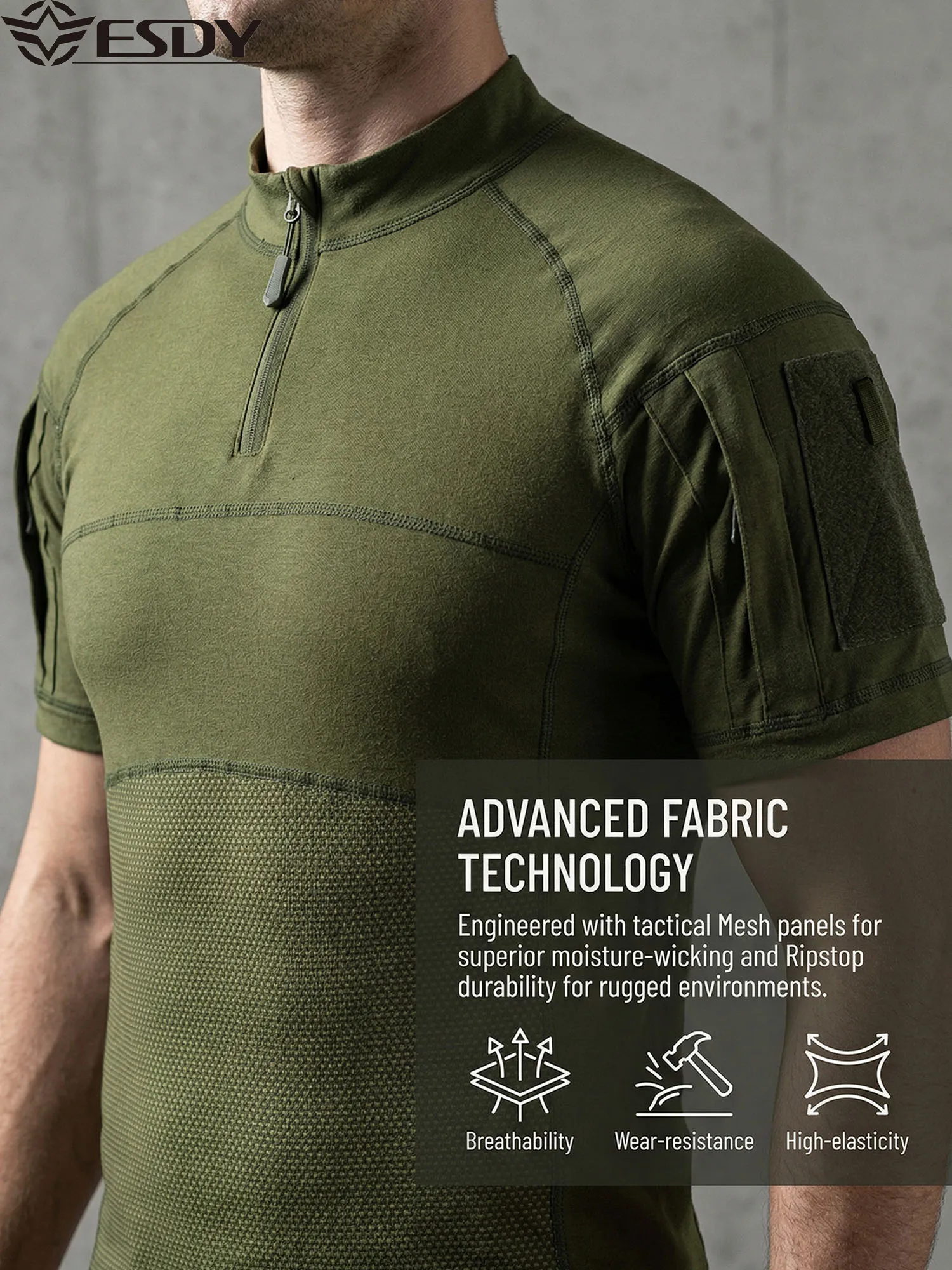 High Elasticity Tactical T-shirt Men Breathable Wear-resistant Military Combat Shirt with Arm Pockets for Hunting Camping Hiking