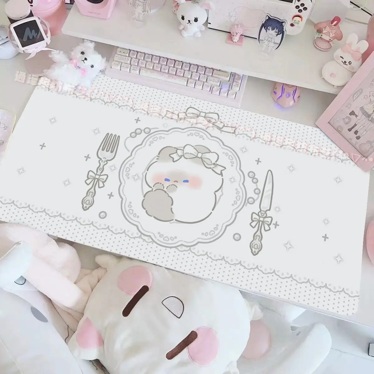 PU Leather Desk Pad Mouse Pink Lace Angel Kitten Bow Protector Large Mouse Pad Home Office Game Desk Mat Waterproof Non-Slip Pad