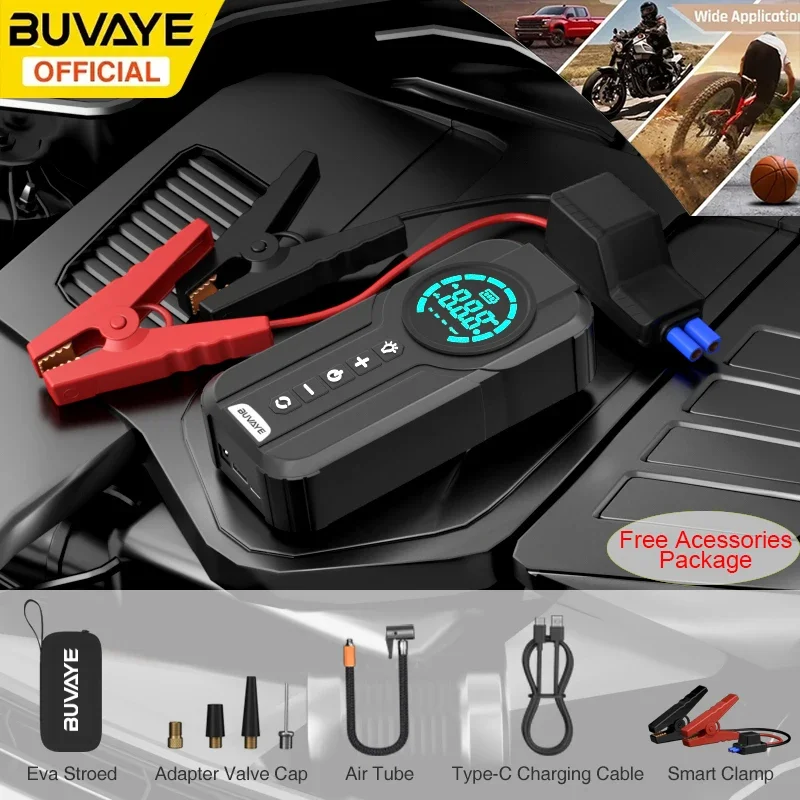 BUVAYE Car Air Pump 4 in 1 Auto Tyre Inflator with Jump Starter Portable Air Compressor Power Bank Starters Starting Lighting