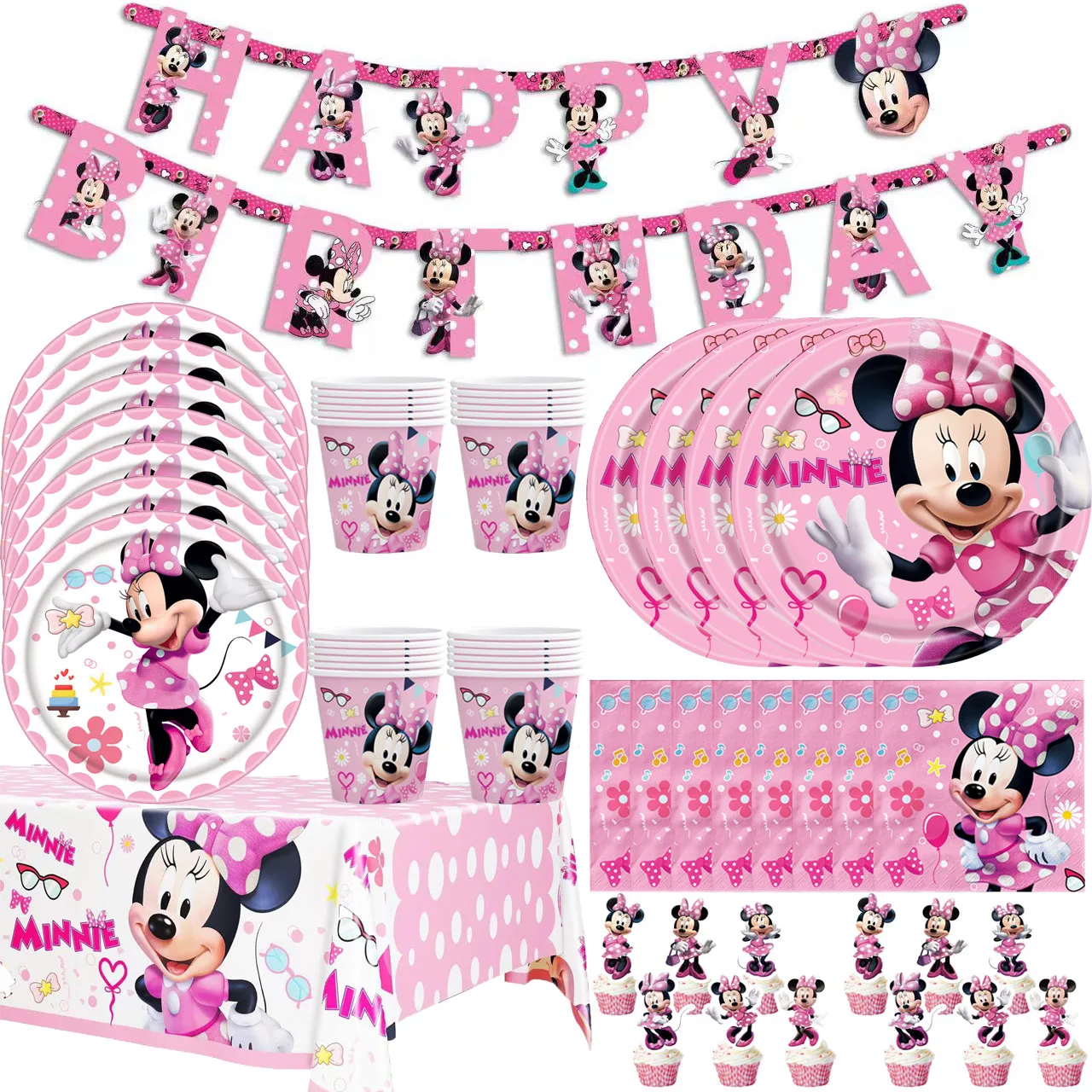 Minnie Mouse Kid family Birthday Party Supply Disposable Banner Cake Topper Hanging Flag Balloons Baby shower party event