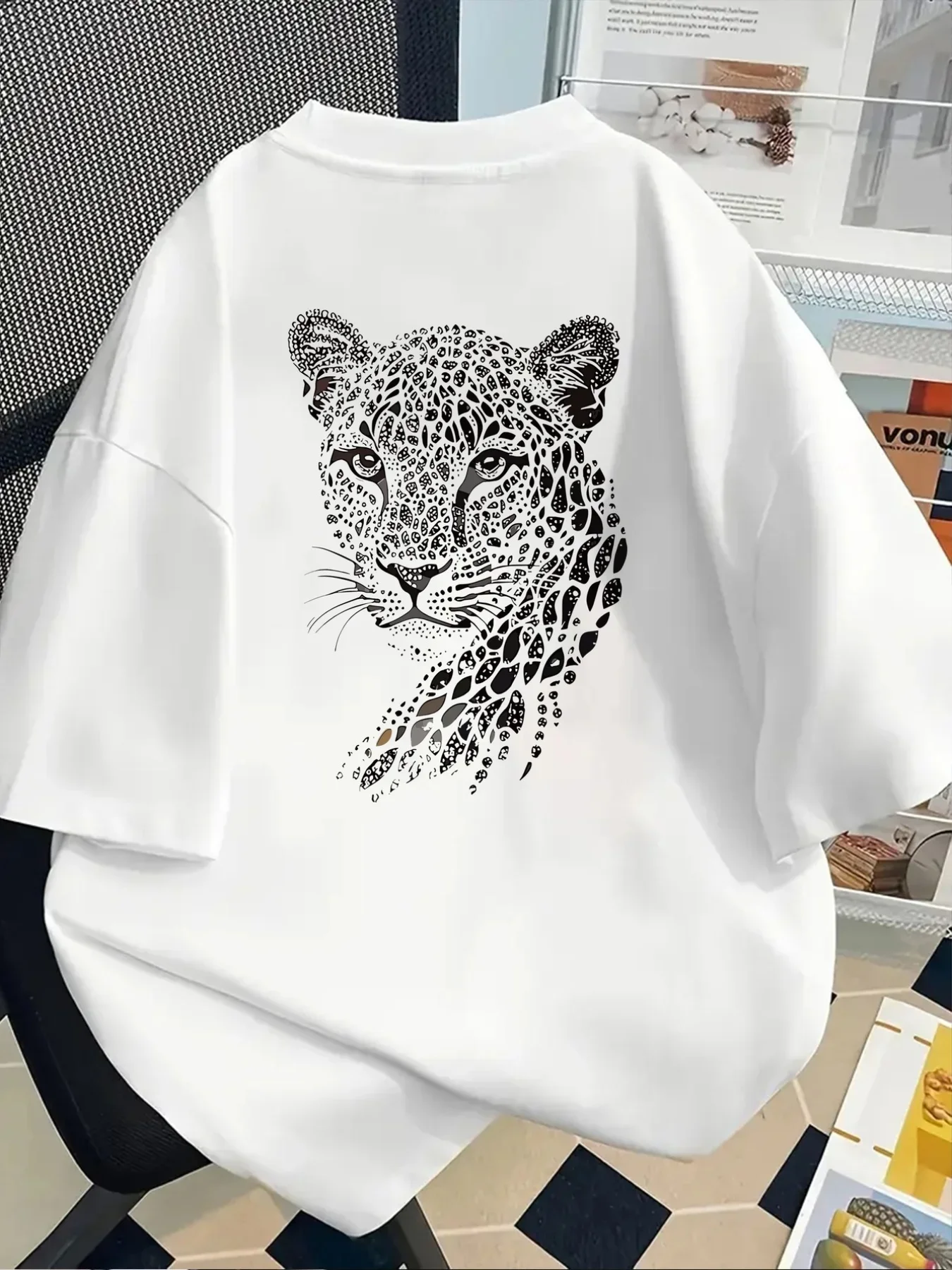 Men 100% Pure Cotton Short Sleeve T Shirts Wild Leopard Animal Portrait Double Sided Print Soft Breathable Crew Neck Tops