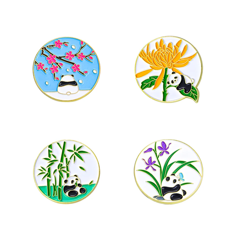 4Pcs/Set Cute Panda Series Pins Plum Blossom Orchid Bamboo Chrysanthemum Round Golden Brooches Jewelry