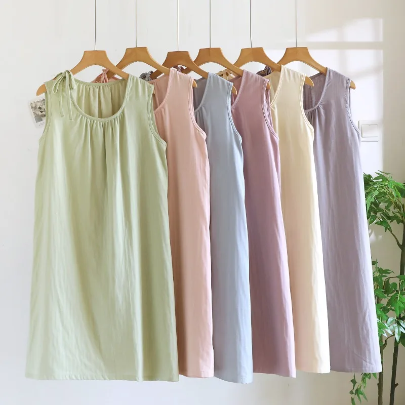 2026 Summer New Women's Sleeping Skirt 100% Cotton Double Layer Gauze Simple Solid Color Hooded Thin Sleeveless Vest Home Skirt