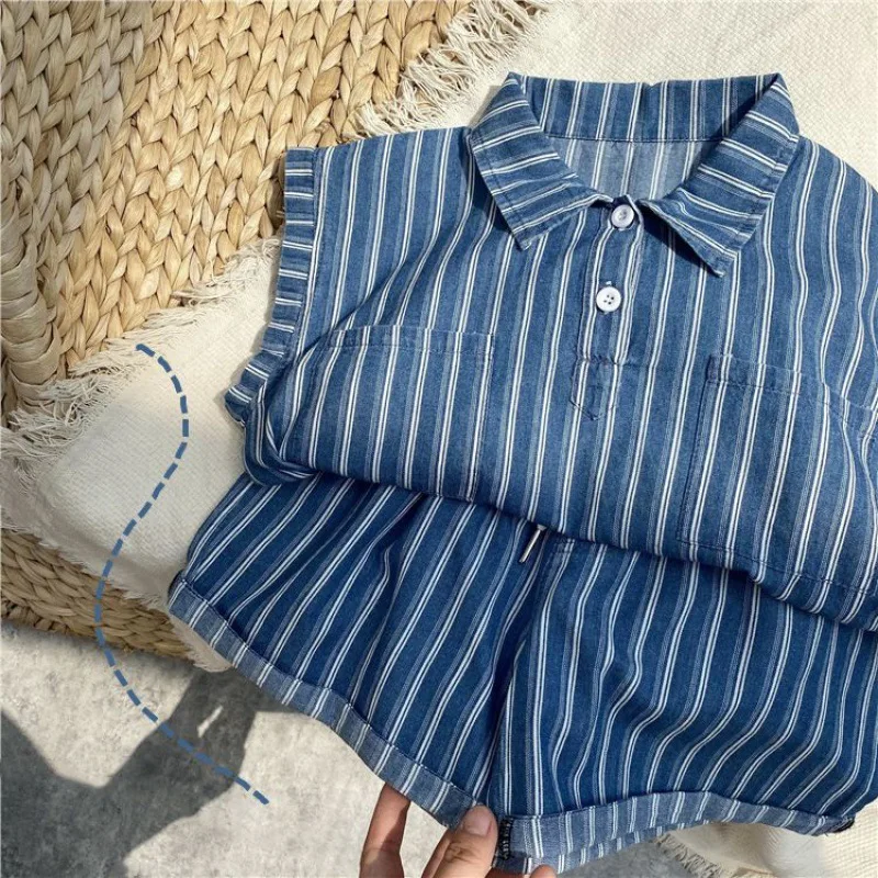 Children's suit 2024 summer new Korean version of sleeveless shirt for boys and girls with casual pants two-piece set 90-130cm