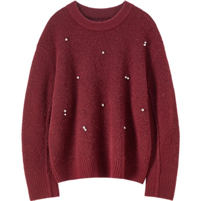 Sweter damski SENTUBILA z wełny, pulower, jesień 2025, do pracy, ręcznie robiony, z dżetami, okrągły dekolt, luźny, lekki, dzianinowy top W53EE3375