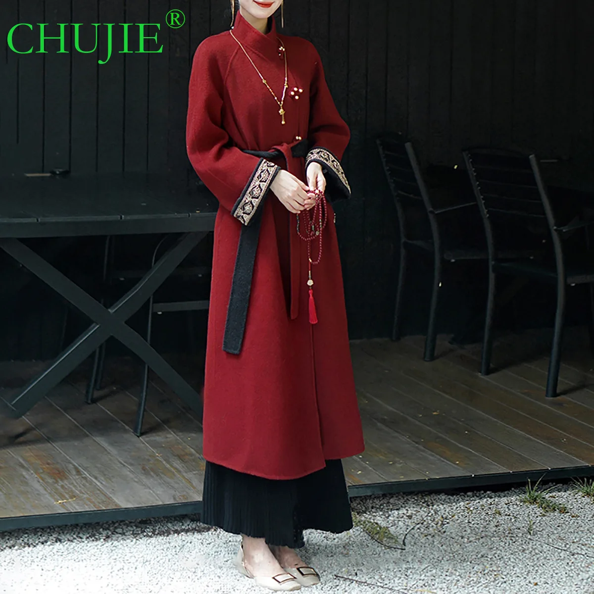 

CHUJIE Available In Red / Pink - Double-sided Woolen Coat - With Two - Way Wearing - Winter Cashmere / Wool Coat Outerwear
