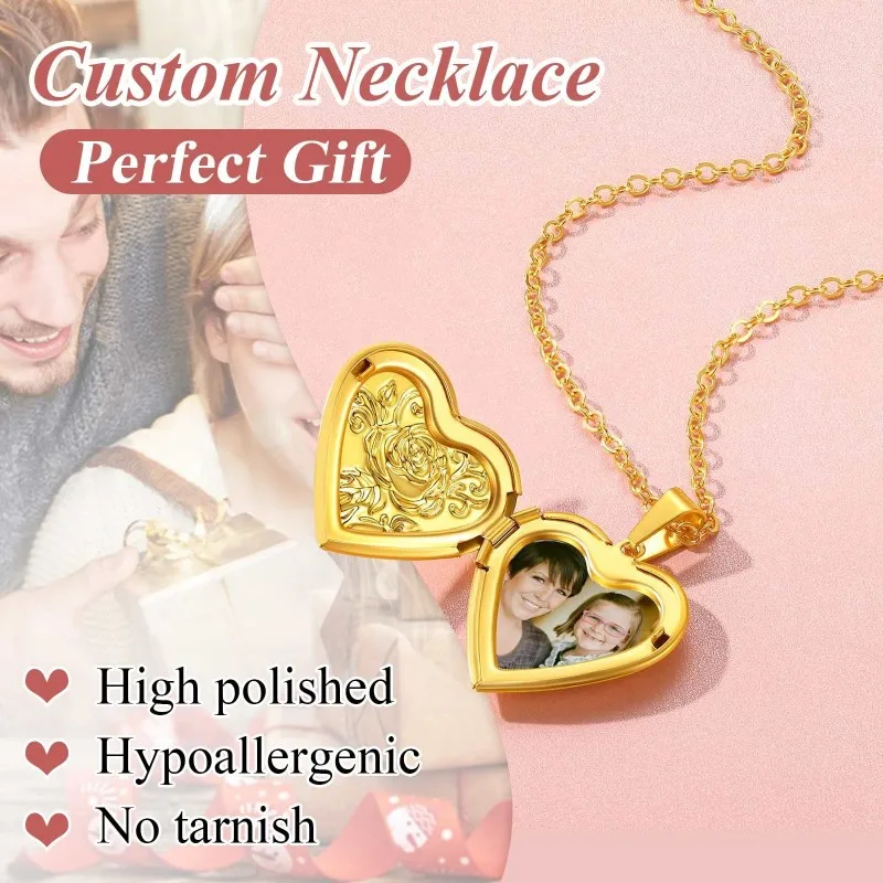 Ожерелье в форме сердца с фотографией на заказ, Золотая роза, фигурка, кулон из нержавеющей стали, открывающееся ожерелье с изображением для женщин, ювелирные изделия, подарки