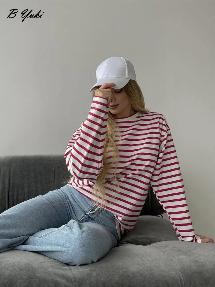 Blessyuki Causal Vintage Striped Long Sleeve T-shirts Women Spring Summer O-neck 100% Cotton Basic Tee Female Loose Harajuku Top