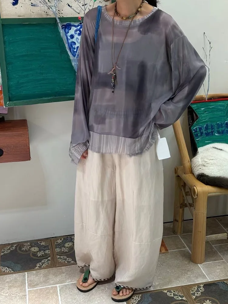 

Retro ey adient Me T-irt Loose Casual Pants plus Size Women's Faion Summer Sun Protection Clothing round Ne Long ...