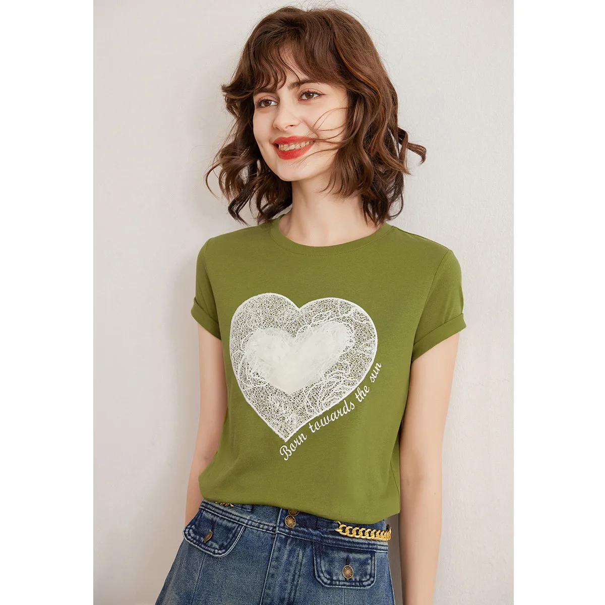 LOUIS YAO Women Embroidery T-shirt 2024 Summer Fashion Casual Tee O Neck Short Sleeve Mesh Heart Shape Pullover Top