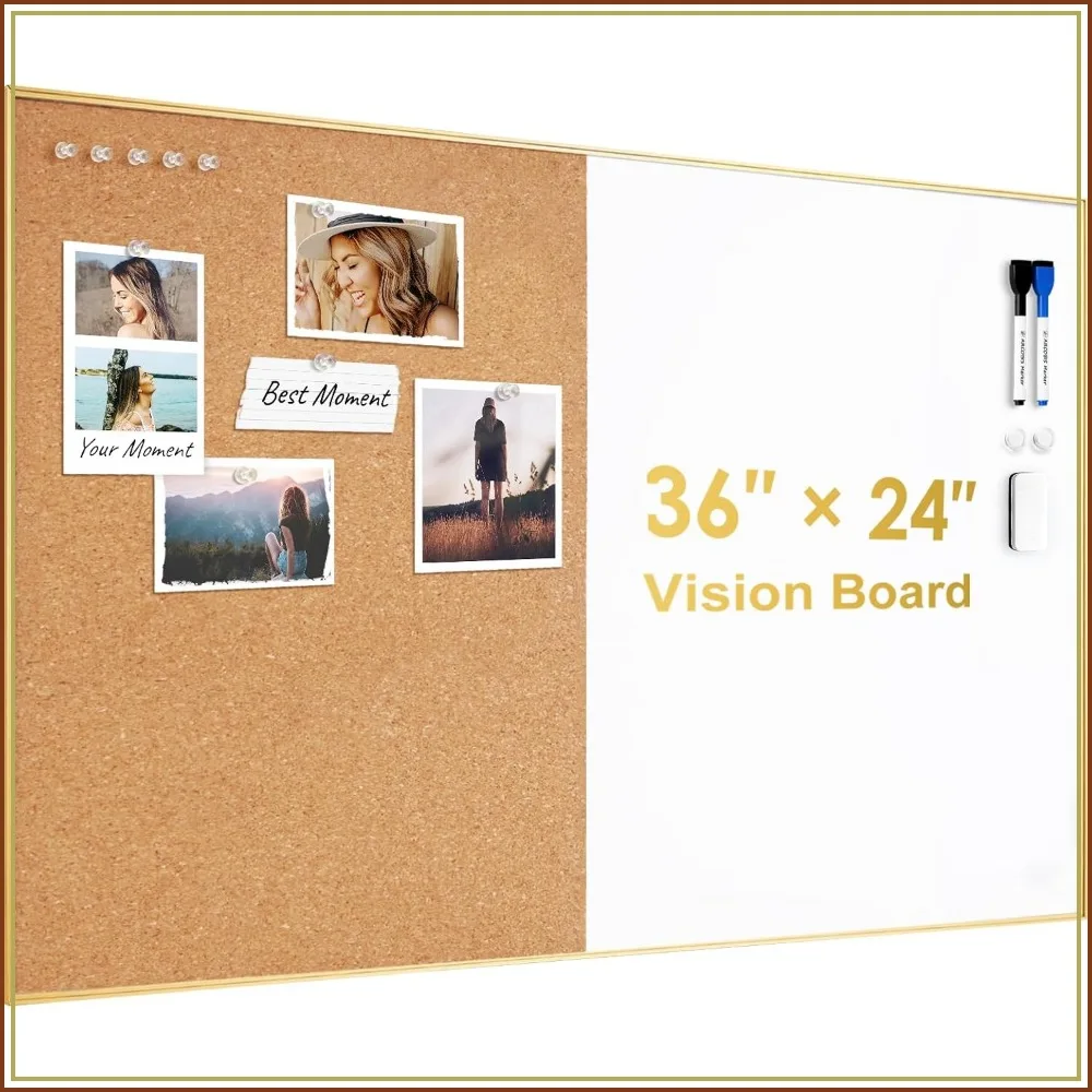 

Cork Board White Board Combo, 36x24 Inch Bulletin Board with Gold Frame, Magnetic Dry Erase Board & Corkboard for Wall, Vision Board for Home Office School