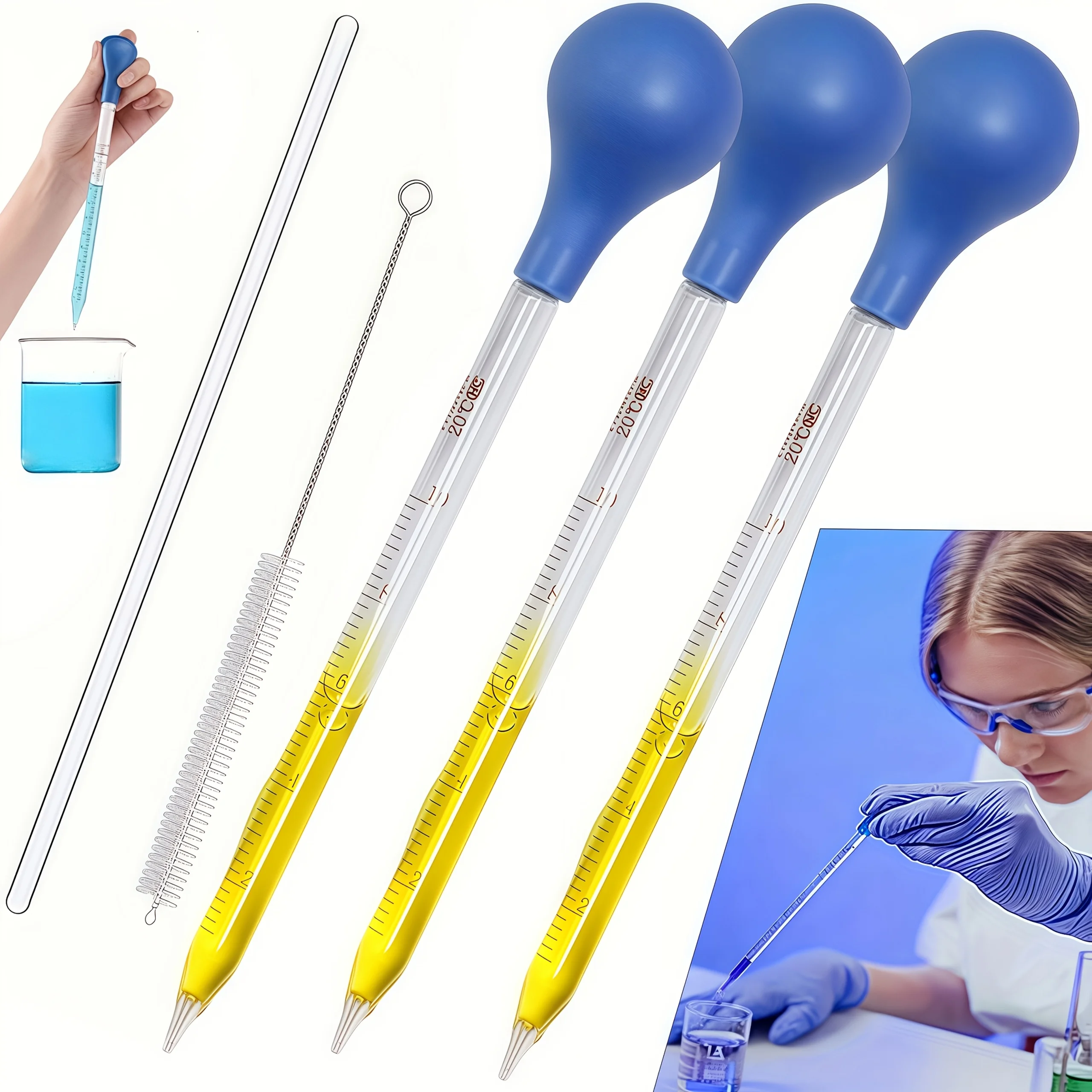 3PCS/5PCS Glass Pipette Dropper, 10ml Liquid Dropper with Stirring Rod and Cleaning Brush, Rubber Light Bulb and Cleaning Brush,
