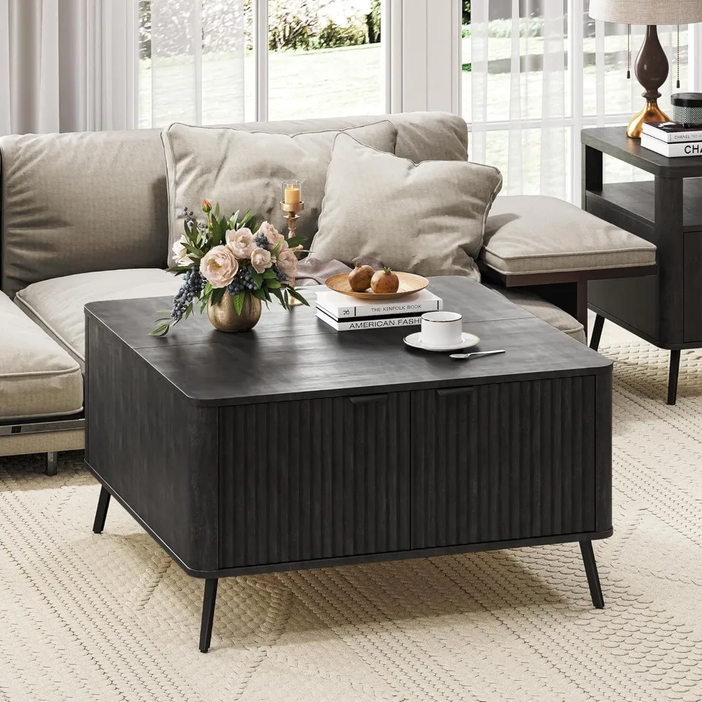 

Lift Top Coffee Tables, 35.4" Square Coffee Tables with Storage, Modern Fluted Center Table with Hidden Storage Compartment