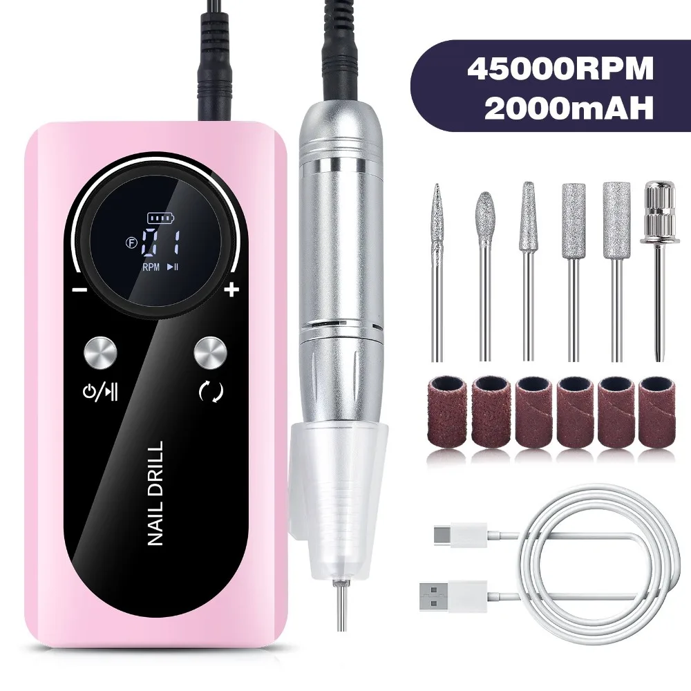 

45000RPM Nail Drill Machine USB Rechargeable 6 Bits Electric Nail File Sanding Bands Low Noise Nail Sander File Home Nail Care