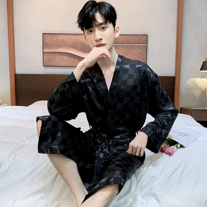 

Men Plaid Jacquard Satin Bathrobes Summer Long Sleeve Homewear Silk Pajamas Bathrobe Mens Robes Sleepwear
