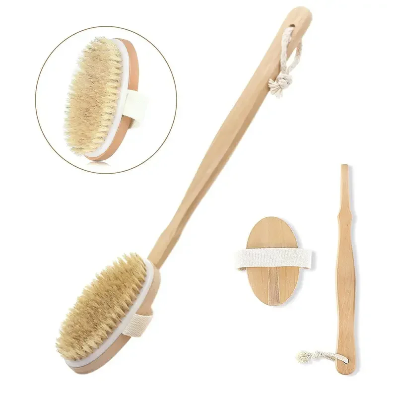 

1PC Natural Bristle Shower Brush with Detachable Long Wooden Handle, Exfoliating Back Massager Bath Brush for Spa Bathing Tools
