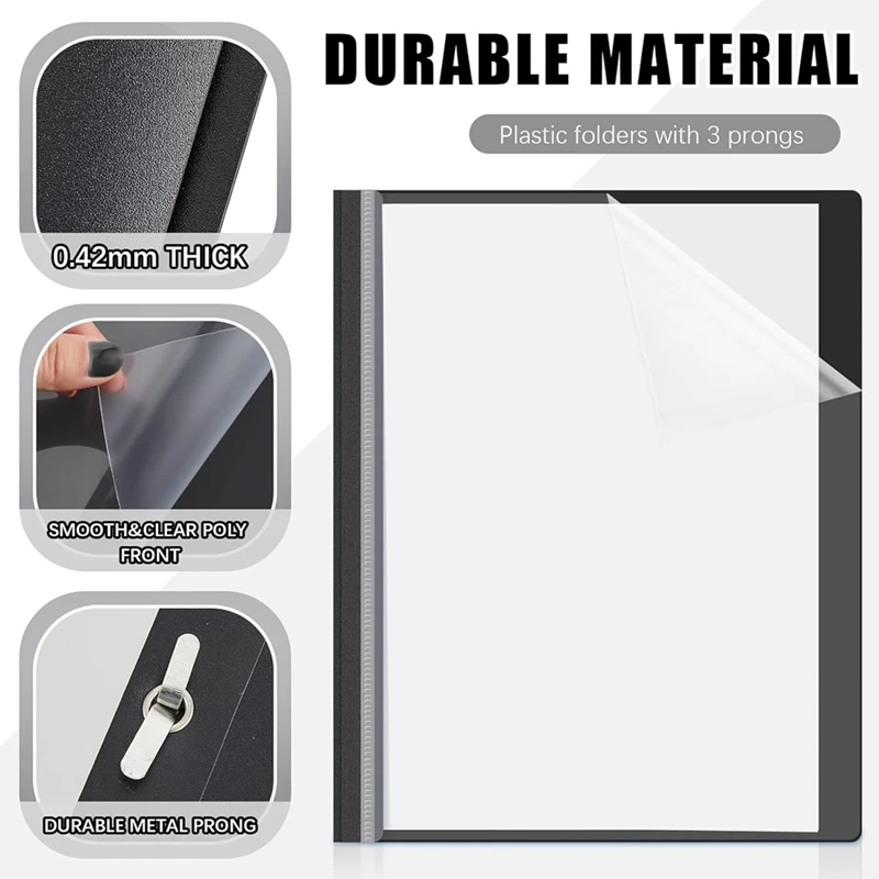Top-10 Pack Report Covers With 3 Prongs Fasteners,Presentation Folders, Plastic Report Folder With Black Back Covers