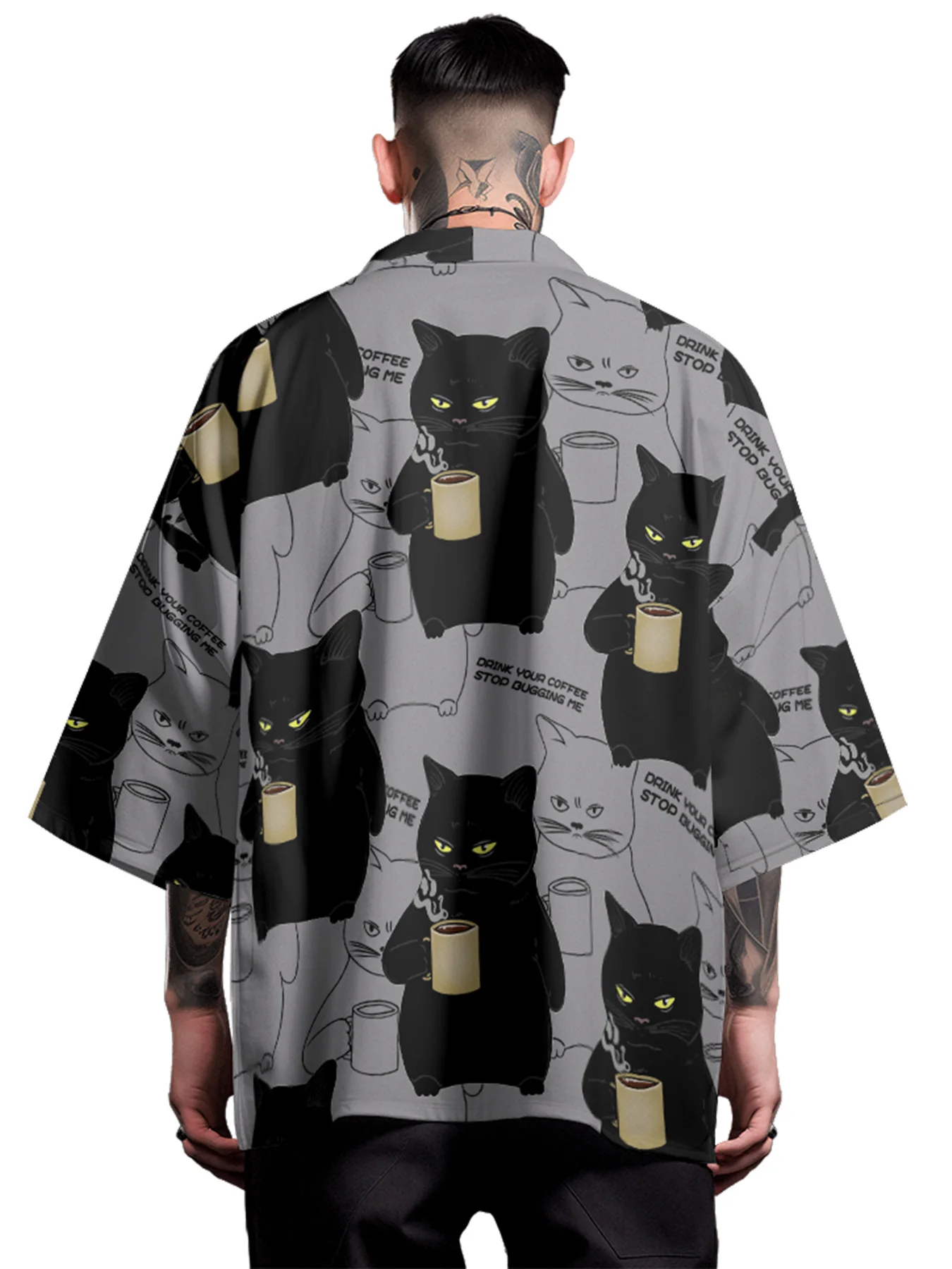 National tide black and white cat floral trend minority casual kimono Dao robe male national wind feather woven coat shirt