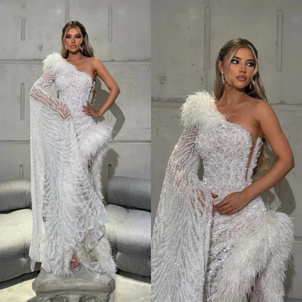 Luxury Feather Wedding Dresses One Shoulder Pearls Bridal Gowns Sequins Beading Side Split Mermaid Customized Vestidos De Novia