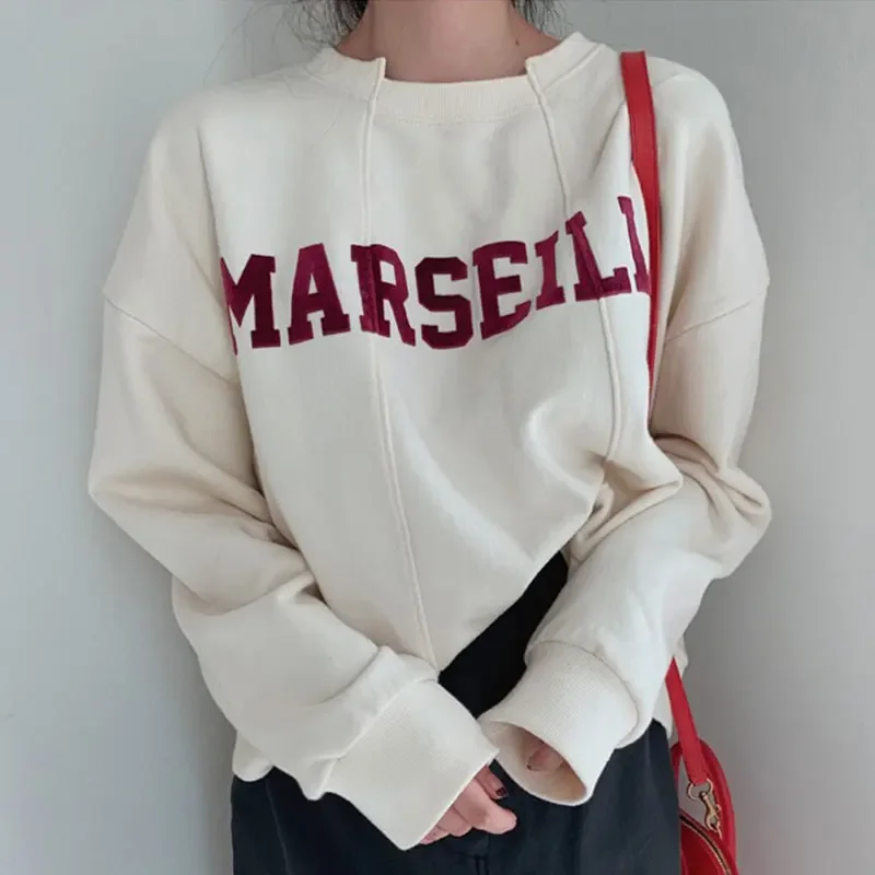 

South korea Chic Autumn Simple round Neck Contrast Color Letter Print Design Loose All-Match Pullover Long sleeve Hoodie