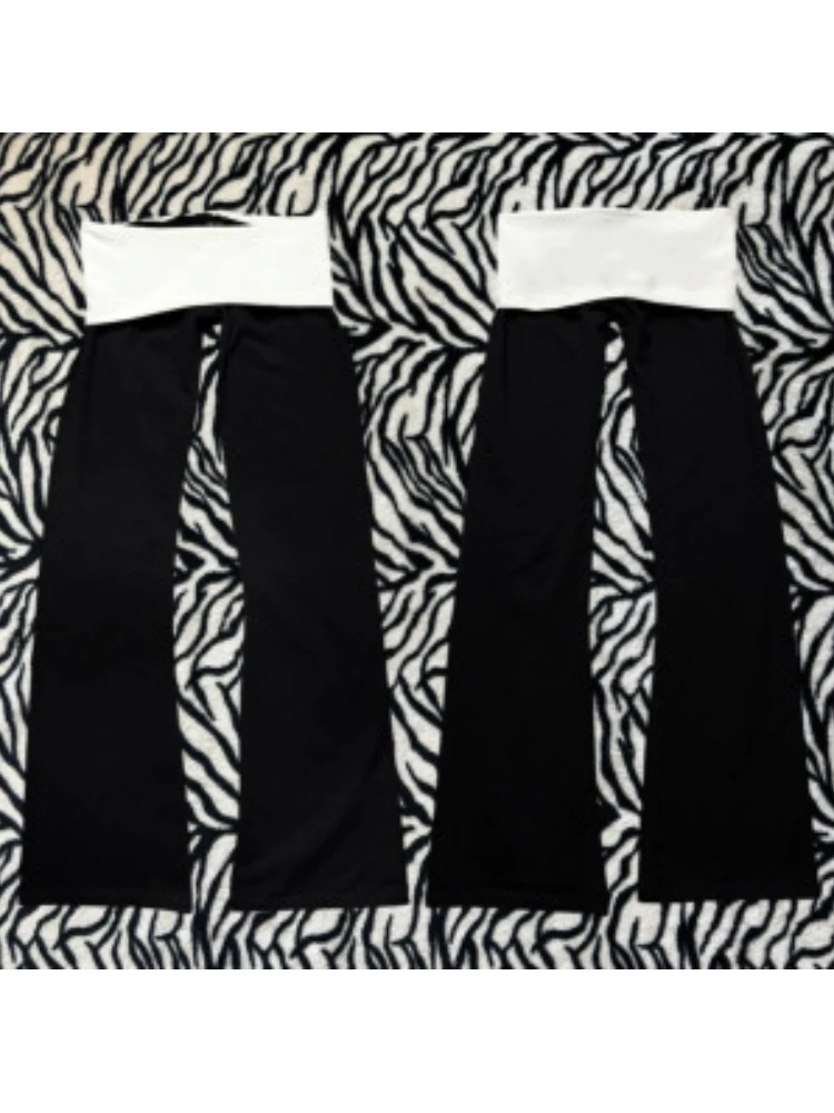 Vintage Contrast Fold Waist Bootcut Pants, Ladies Slim Fit Black Flare Leg Stretchy Casual Y2K Streetwear Trousers