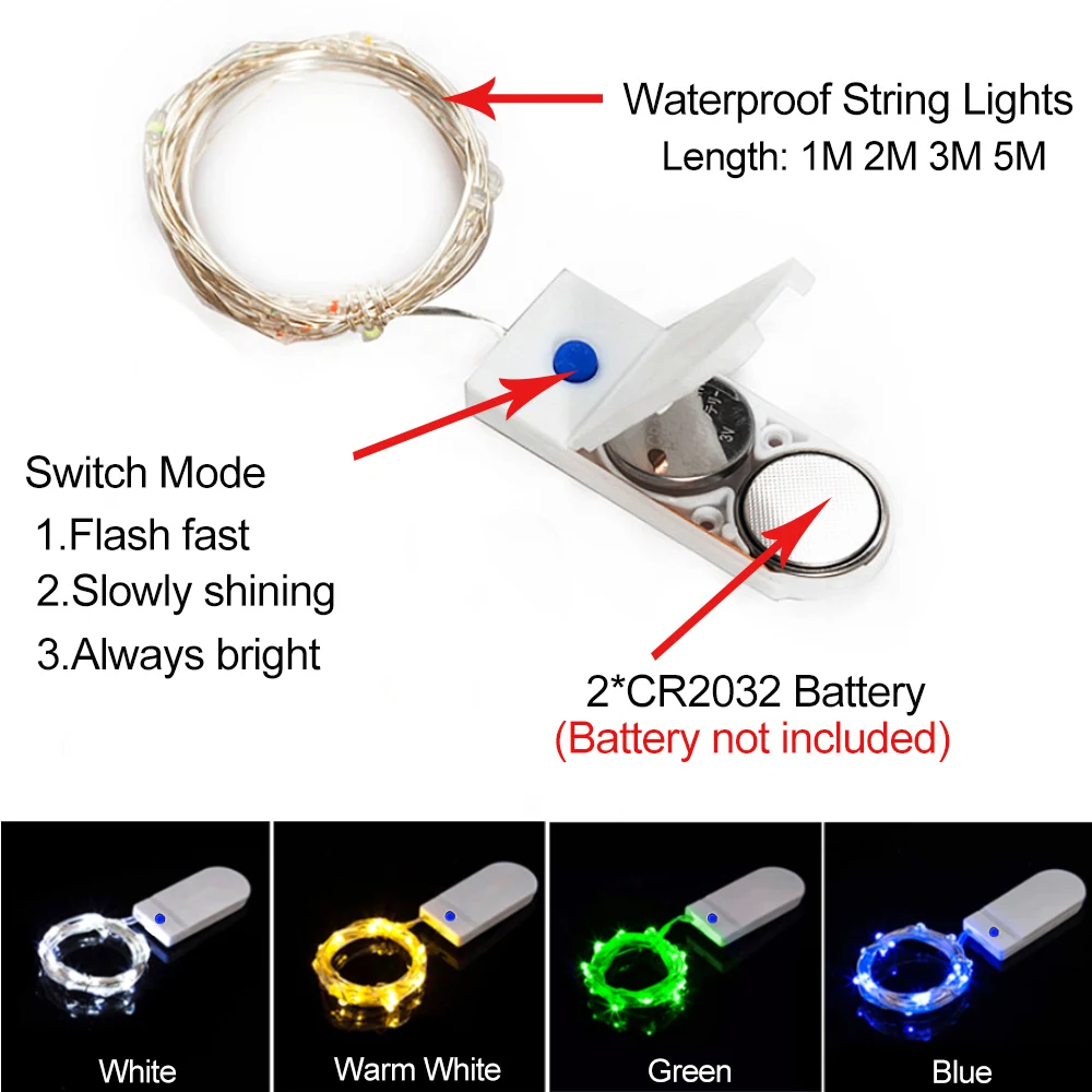 Waterdicht Fairy Light CR2032 Batterij-aangedreven LED Mini-kerstlicht Koperdraad Lichtslinger voor bruiloft Kerstslingerfeest