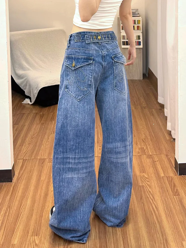 

American Style Sexy Girl Adjustable Buckle Slimming Jeans Women Summer Vintage Design Pocket Floor-Length Pants