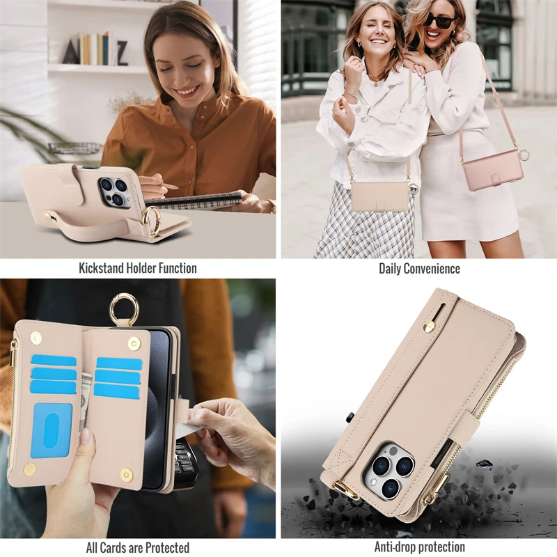 Multifunction Card Slots Holder Zipper Wallet Flip Phone Case for IPhone 15 14 13 12 11 Pro Max Plus XS XR X 15Pro Strap Cover
