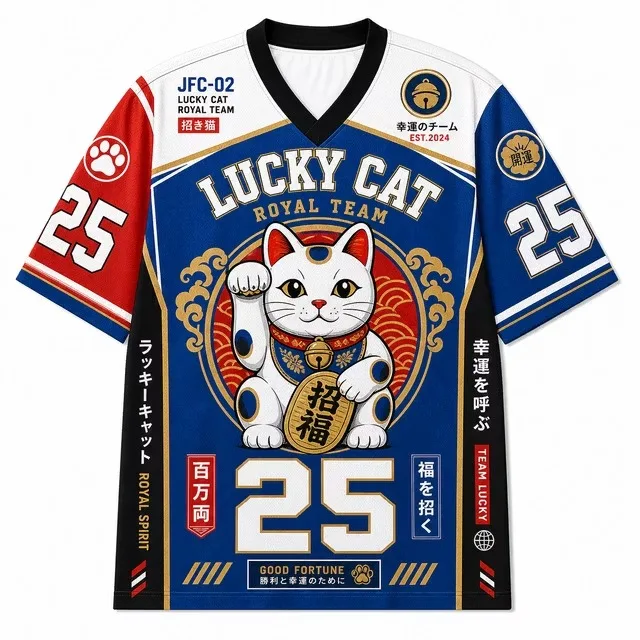 Unisex V-Neck Sports Jersey T-Shirt – Japanese Lucky Cat Print, Street-Style Harajuku Loose-Fit Casual Short-Sleeve Top