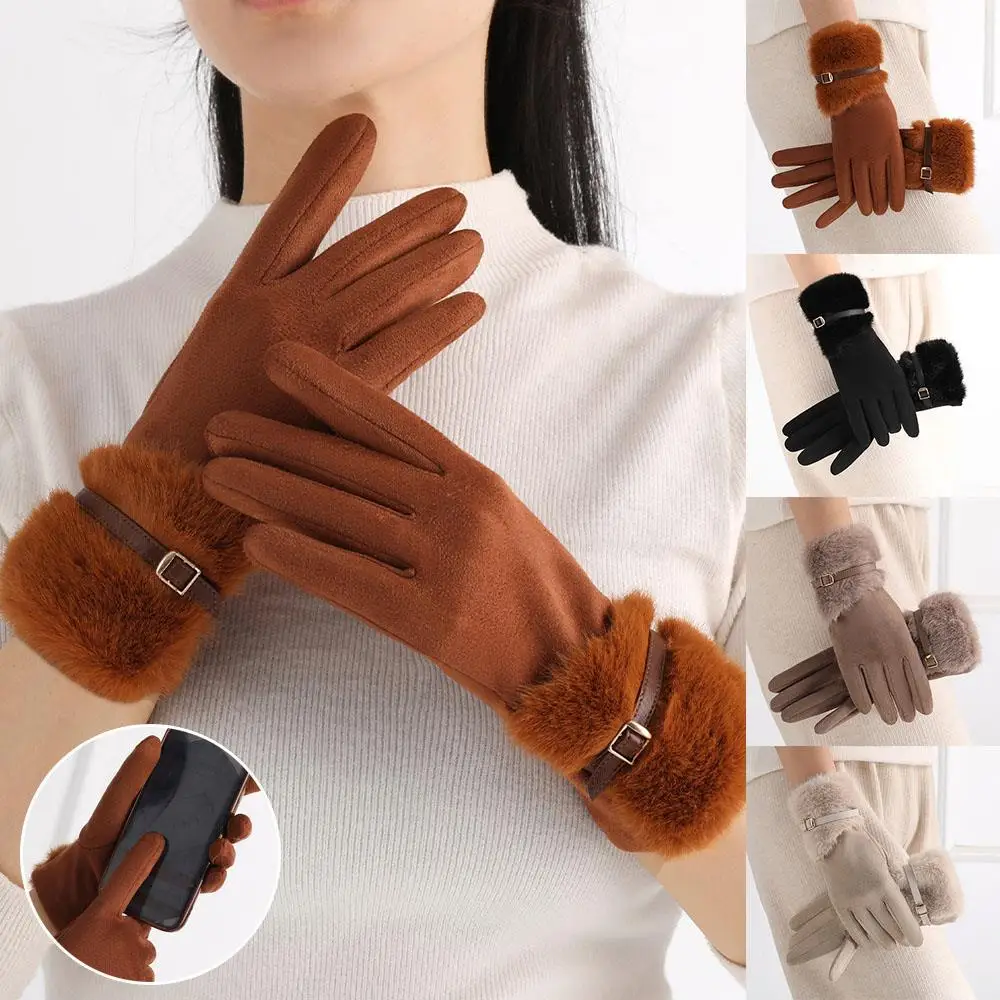 

Plush Gloves For Women Elegan Warm Touch Screen Suede Metal Buckle Soft Plush Gloves Thickened Full Finger Windproof Gloves